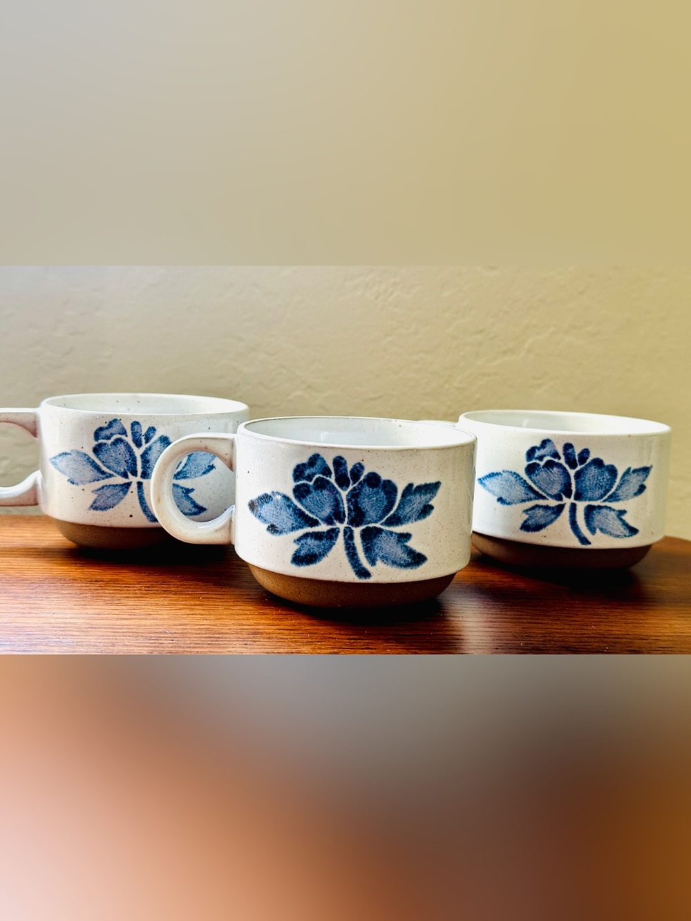 Vintage 1972 MIDWINTER Stonehenge Blue Print Floral Stoneware Cups Mugs Set of 3